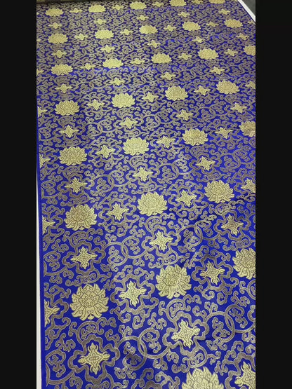 Royal Blue Glossy Satin Brocade - Golden Geometric Jacquard Fabric