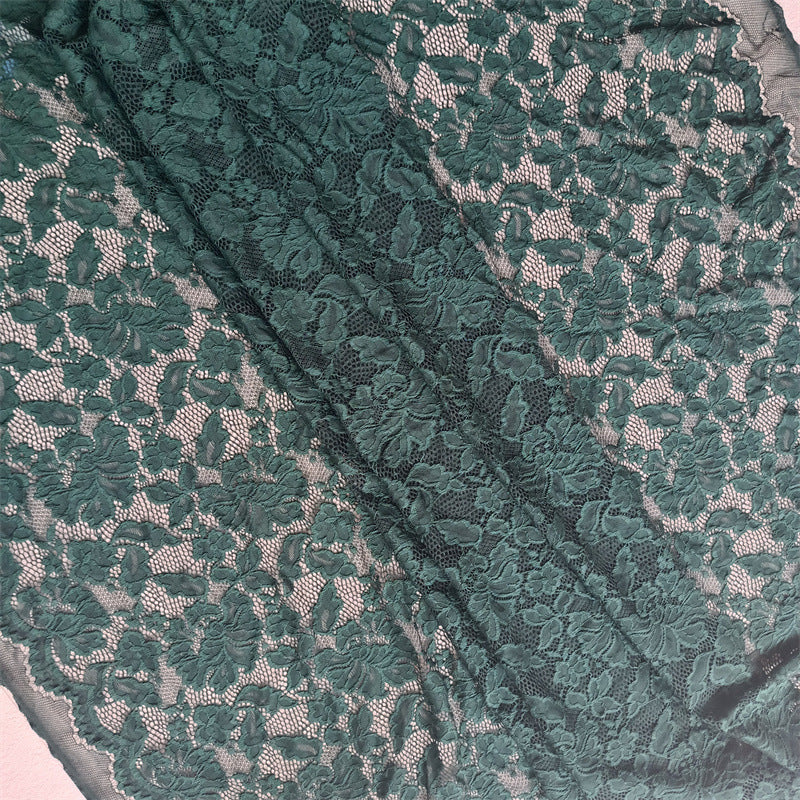 Embroidered Stretch Lace - Dark Green with Detailed Floral Pattern
