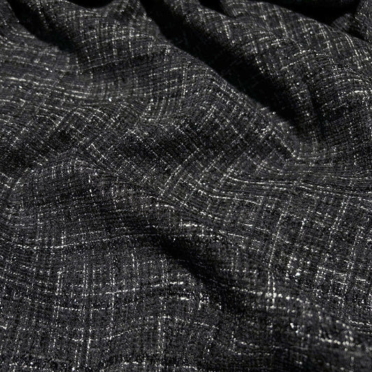 Shimmery Black Tweed - Metallic Plaid Fabric with Elegant Texture