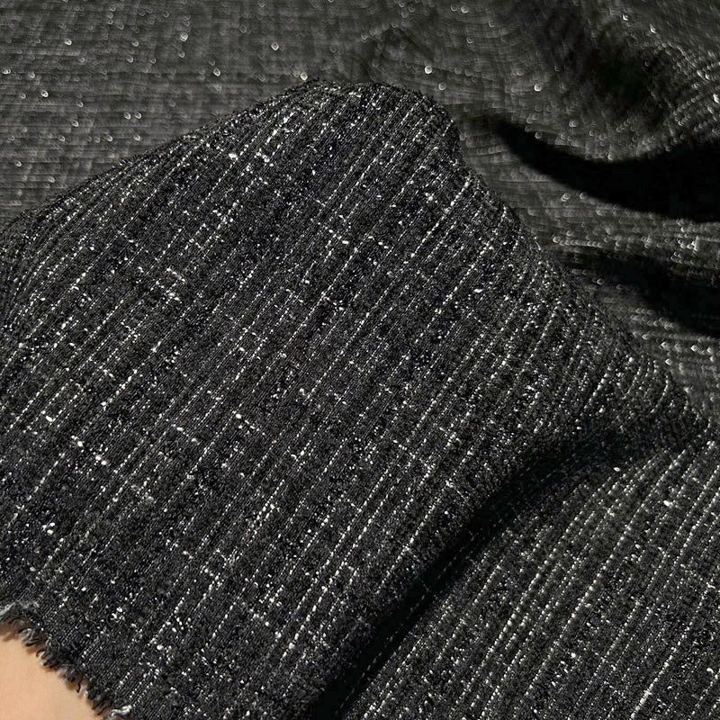 Shimmery Black Tweed - Metallic Plaid Fabric with Elegant Texture