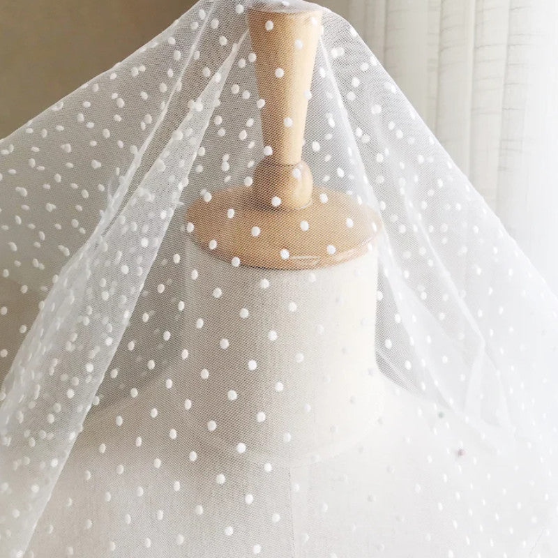 White Polka Dot Embroidery Lace Fabric - Sheer Flocked Tulle Mesh