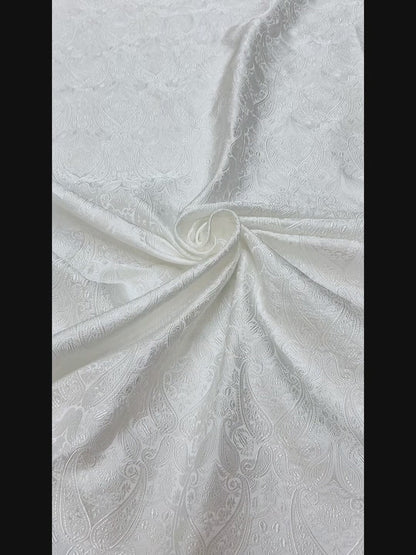 Classical Paisley Satin Brocade - White Woven Jacquard Textile