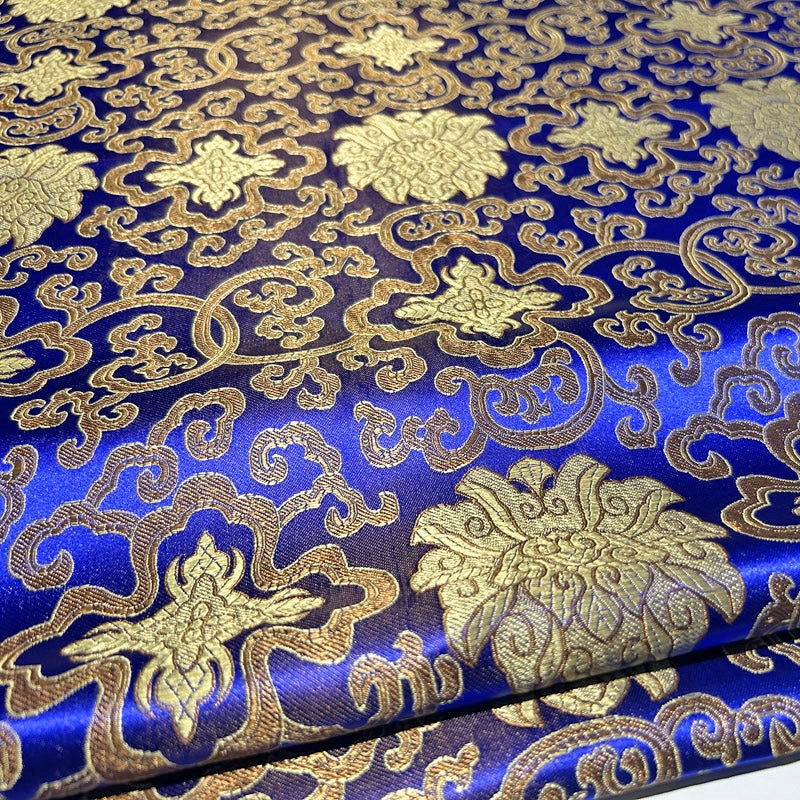 Royal Blue Glossy Satin Brocade - Golden Geometric Jacquard Fabric