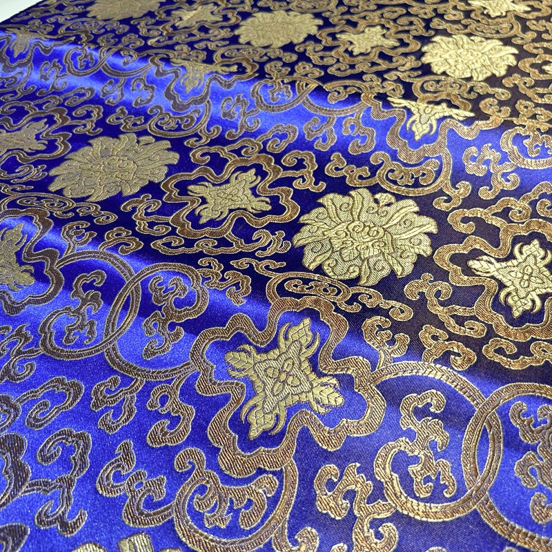 Royal Blue Glossy Satin Brocade - Golden Geometric Jacquard Fabric