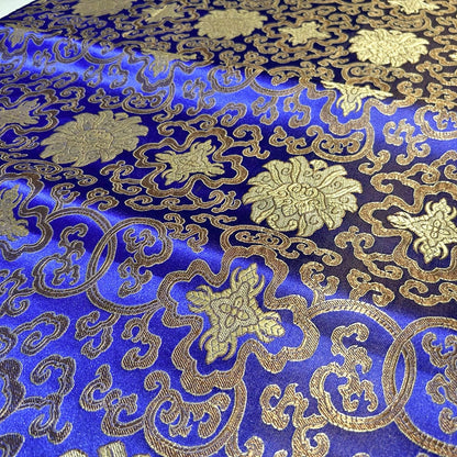 Royal Blue Glossy Satin Brocade - Golden Geometric Jacquard Fabric
