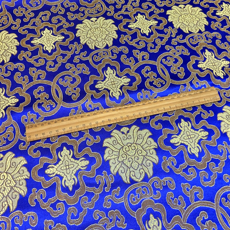 Royal Blue Glossy Satin Brocade - Golden Geometric Jacquard Fabric