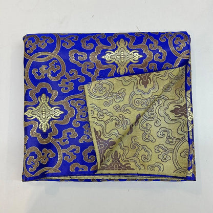Royal Blue Glossy Satin Brocade - Golden Geometric Jacquard Fabric