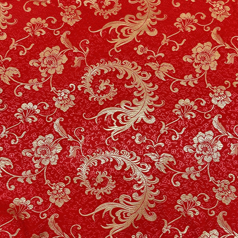 Red & Gold Embroidered Brocade – Metallic Accent Jacquard Fabric