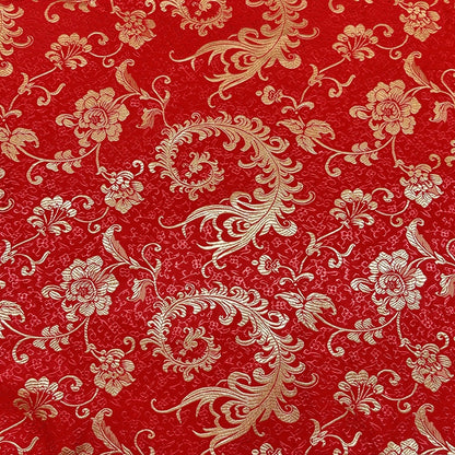 Red & Gold Embroidered Brocade – Metallic Accent Jacquard Fabric