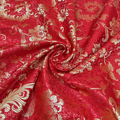 Red & Gold Embroidered Brocade – Metallic Accent Jacquard Fabric