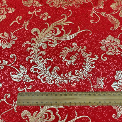 Red & Gold Embroidered Brocade – Metallic Accent Jacquard Fabric