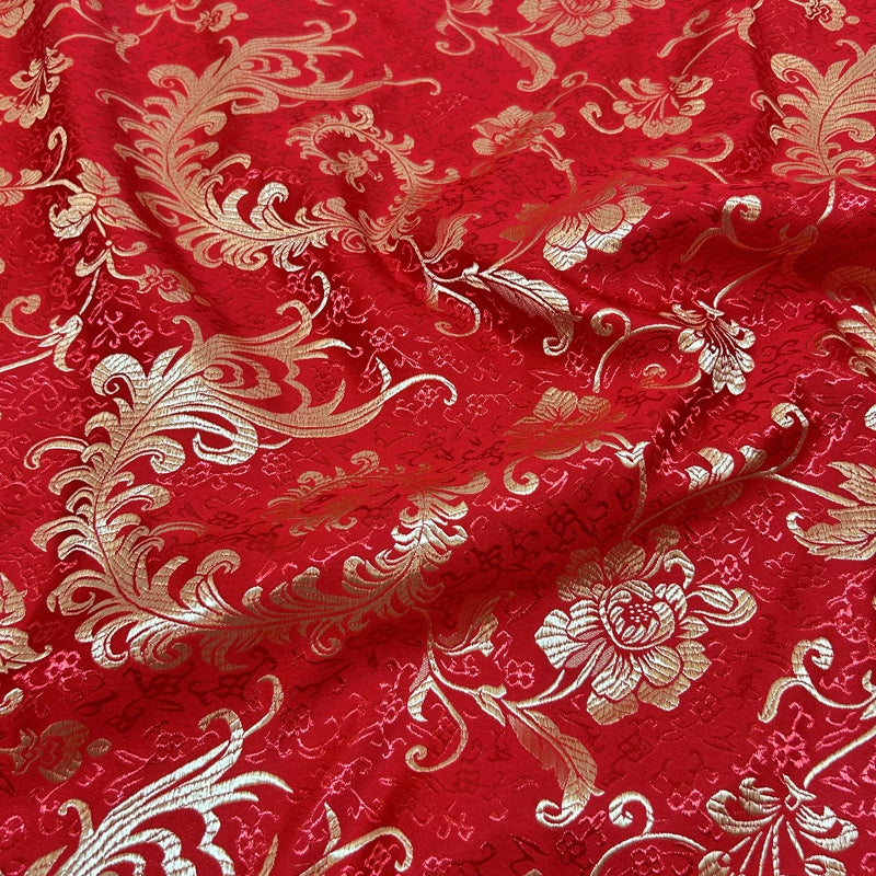 Red & Gold Embroidered Brocade – Metallic Accent Jacquard Fabric