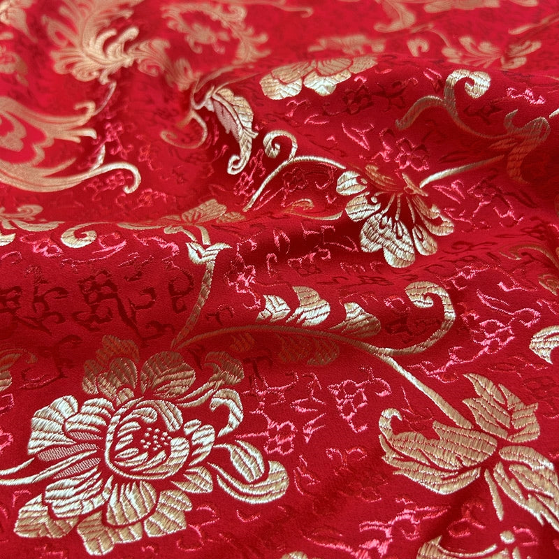 Red & Gold Embroidered Brocade – Metallic Accent Jacquard Fabric