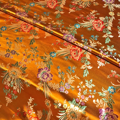 Orange Floral Brocade – Embroidered Metallic Jacquard Fabric