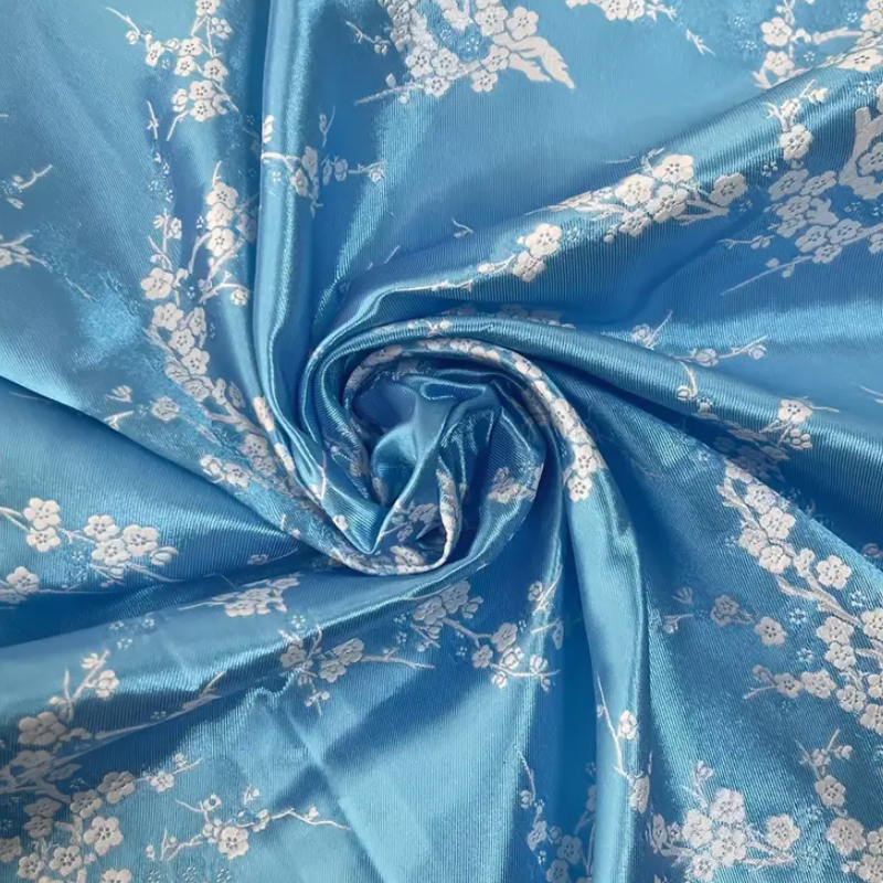 Chinese Satin Brocade - Romantic Blue White Plum Blossom