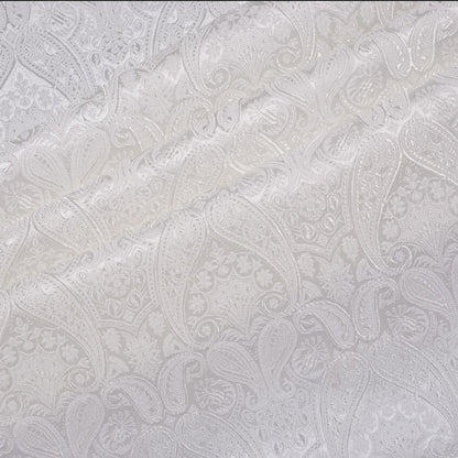 Classical Paisley Satin Brocade - White Woven Jacquard Textile